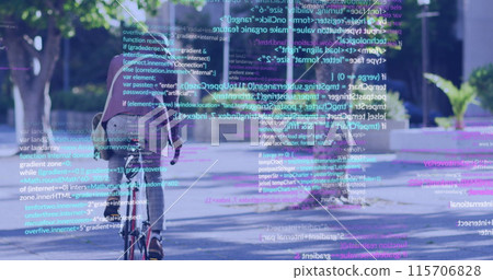 Image of data processing over african american businessman riding bike 115706828