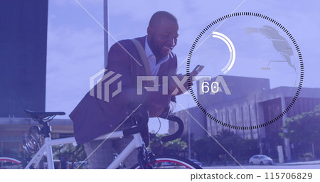 Image of data processing and world map over african american businessman using smartphone Image of data processing and world map over african american businessman using smartphone 115706829