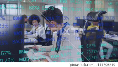Image of stock market over diverse business people at office Image of stock market over diverse business people at office 115706849
