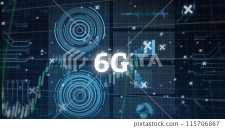 Image of network of connections with icons over scope scanning Image of network of connections with icons over scope scanning 115706867