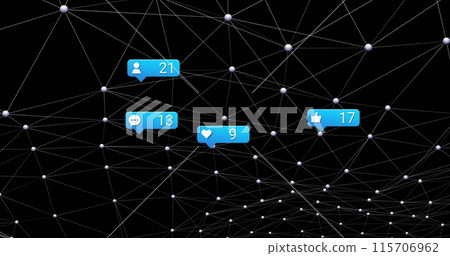 Image of social media icons and numbers over connections on black background 115706962