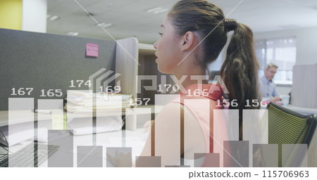 Image of financial data processing over caucasian businesswoman using computer at office Image of financial data processing over caucasian businesswoman using computer at office 115706963