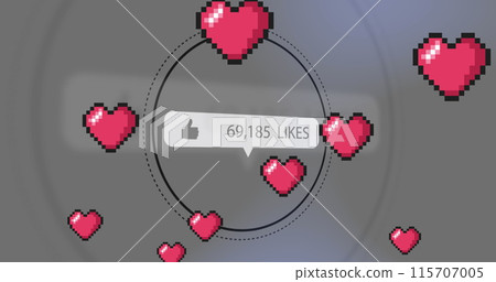 Image of social media red heart icons and text over grey background 115707005