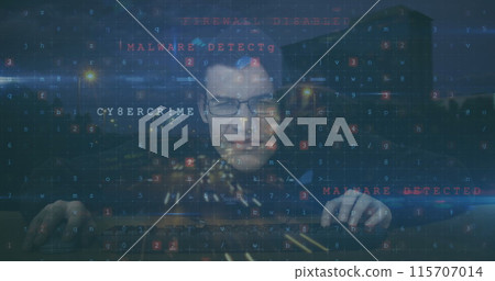 Image of cyber security over caucasian hacker and night cityscape Image of cyber security over caucasian hacker and night cityscape 115707014