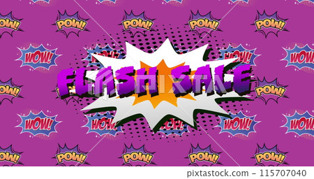 Purple Flash Sale promo with Pow! & Wow! on retro comic bubbles. 115707040