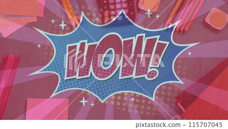 Wow! text in a retro bubble with school items on pink, vintage comic style. Wow! text in a retro bubble with school items on pink, vintage comic style. 115707045