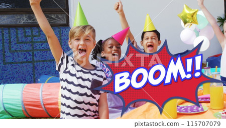 Boom! text in retro bubble over kids at a vintage-themed birthday party. 115707079