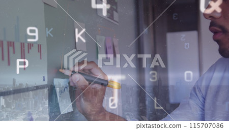Image of processing data over biracial businessman brainstorming in office and cityscape 115707086