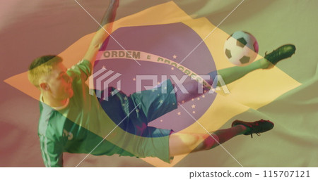 Image of caucasian male soccer player over flag of brazil Image of caucasian male soccer player over flag of brazil 115707121