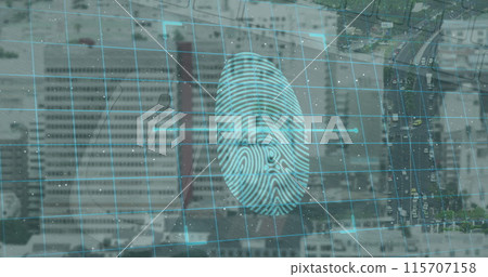 Image of fingerprint scanning and digital padlocks over cityscape Image of fingerprint scanning and digital padlocks over cityscape 115707158
