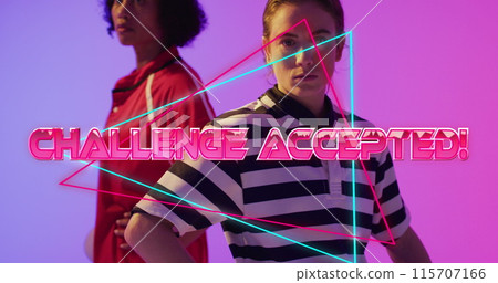 Image of challenge accepted text over female rugby players on neon background Image of challenge accepted text over female rugby players on neon background 115707166