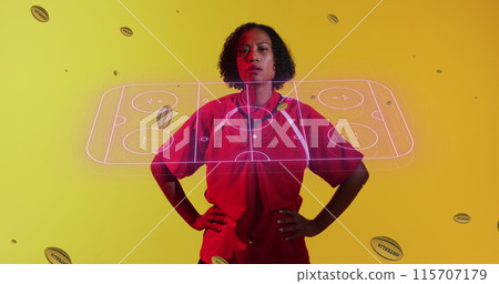 Image of rugby pitch and rugby balls over female rugby player on neon background Image of rugby pitch and rugby balls over female rugby player on neon background 115707179