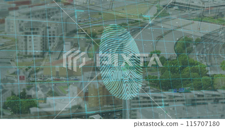Image of fingerprint scanning and digital padlocks over cityscape Image of fingerprint scanning and digital padlocks over cityscape 115707180