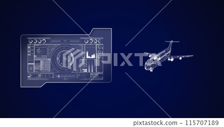 Image of 3d airplane drawing with scope scanning and data processing 115707189