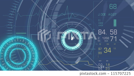 Image of clock, scope scanning and data processing on screen 115707225