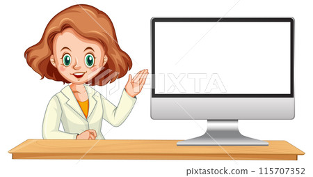 Woman Presenting at Computer Desk 115707352