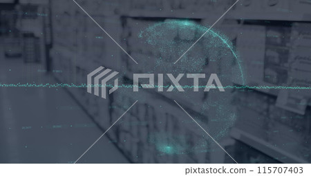 Image of globe and data processing over shop interior Image of globe and data processing over shop interior 115707403