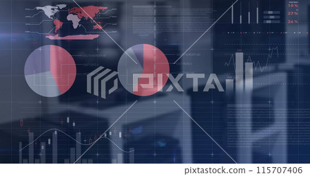 Image of financial data processing over shop interiors Image of financial data processing over shop interiors 115707406