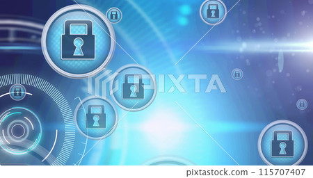 Image of network with online security padlock icons with scope scanning 115707407