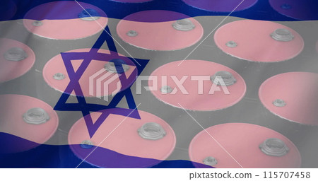 Image of oil barrels over flag of israel 115707458