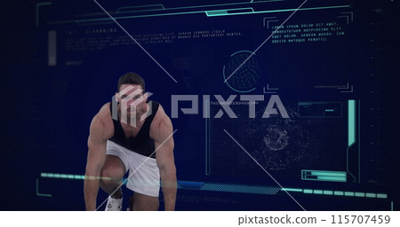 Image of strong muscular male runner with scope scanning and data processing 115707459