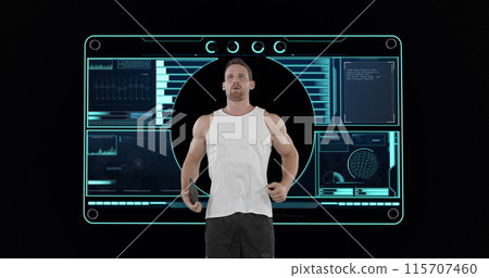 Image of male discus thrower with scope scanning and data processing Image of male discus thrower with scope scanning and data processing 115707460