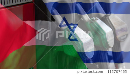 Image of oil petrol pumps over flag of israel and palestine Image of oil petrol pumps over flag of israel and palestine 115707465