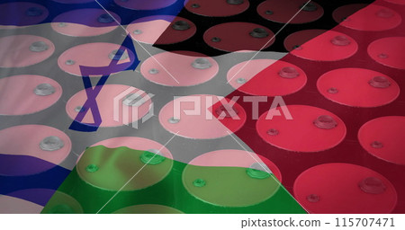 Image of oil barrels over flag of palestine and israel 115707471