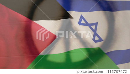 Image of peace sign over flag of israel and palestine 115707472