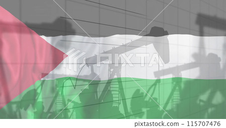 Image of oil rigs and financial data processing over flag of palestine 115707476