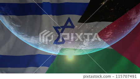 Image of globe over flag of israel and palestine Image of globe over flag of israel and palestine 115707491