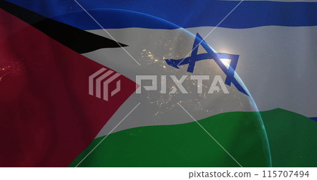Image of globe over flag of palestine and israel 115707494