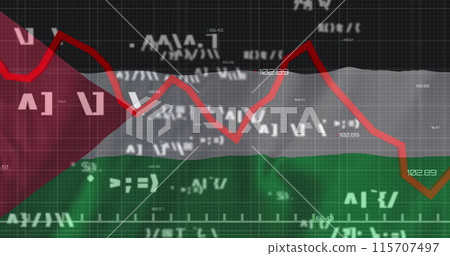 Image of red line and financial data processing over flag of palestine Image of red line and financial data processing over flag of palestine 115707497