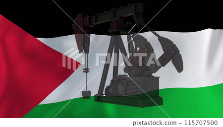 Image of oil rig over flag of palestine 115707500