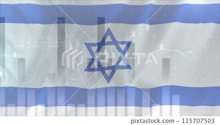 Image of financial data processing over flag of israel Image of financial data processing over flag of israel 115707503