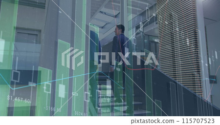 Statistical data processing against two caucasian businessmen walking up the stairs at office 115707523