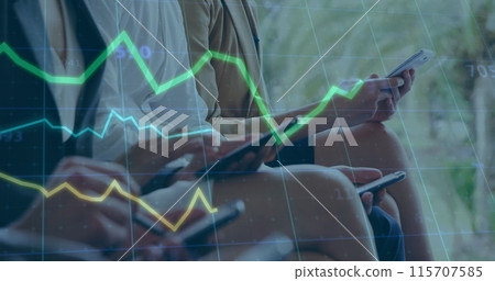 Image of data processing over diverse group of business people using smartphone 115707585
