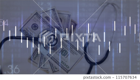Image of financial data processing over dollars and stethoscope on white background Image of financial data processing over dollars and stethoscope on white background 115707634