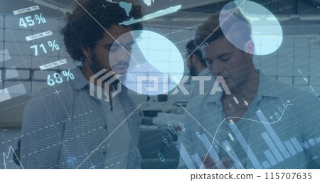 Image of financial data processing over diverse businessmen Image of financial data processing over diverse businessmen 115707635