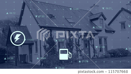 Image of icons and financial data processing over 3d house 115707668