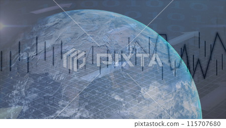 Image of financial data processing over globe on black background 115707680