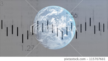 Image of financial data processing over globe on white background 115707681