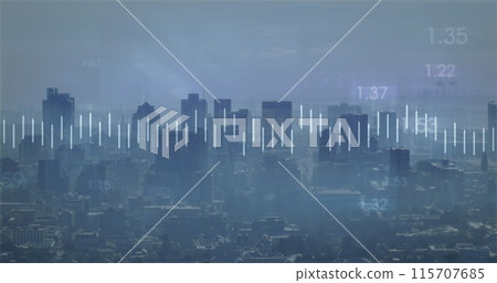 Image of financial data processing over cityscape Image of financial data processing over cityscape 115707685