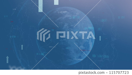 Image of financial data processing and arrows over globe on blue background 115707723