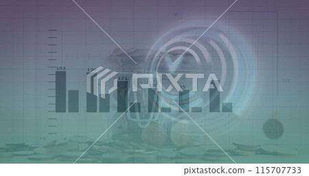Image of financial data processing and clock moving over coins on white background 115707733