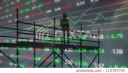 Image of female architect on scaffolding with financial data processing and statistics Image of female architect on scaffolding with financial data processing and statistics 115707741