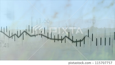 Image of financial data processing over electricity pylons and landscape Image of financial data processing over electricity pylons and landscape 115707757