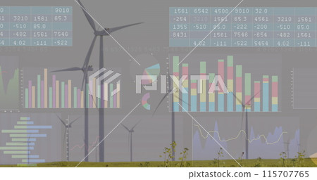 Image of financial data processing over wind turbines and landscape Image of financial data processing over wind turbines and landscape 115707765