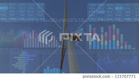 Image of financial data processing over wind turbines and landscape Image of financial data processing over wind turbines and landscape 115707771