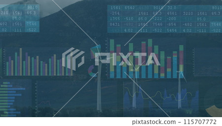 Image of financial data processing over wind turbines Image of financial data processing over wind turbines 115707772